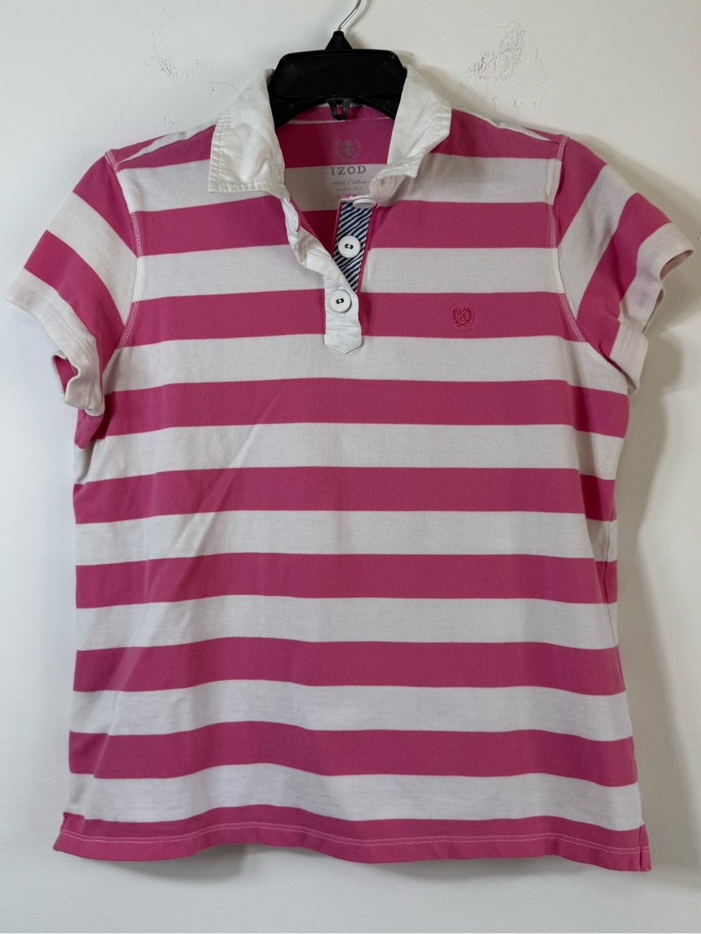 IZOD Pink White Striped Polo Shirt XL Preppy Golf Coastal Cotton Top